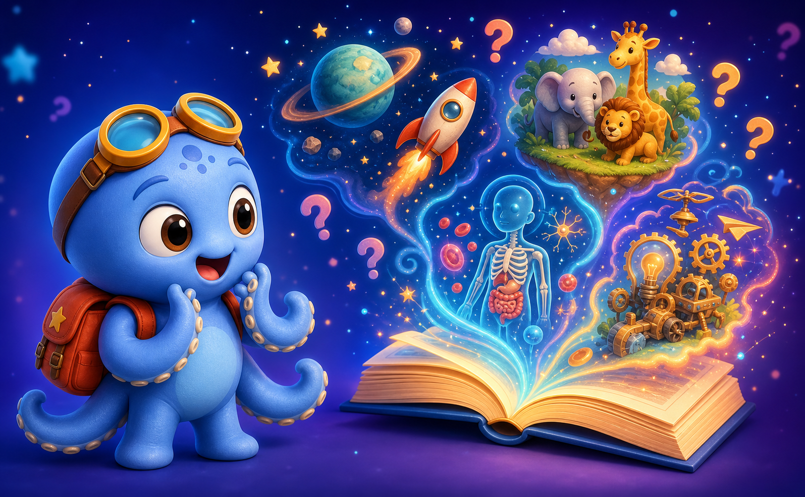 Ocho in golden goggles discovering space, animals, the human body and inventions rising from a magical book